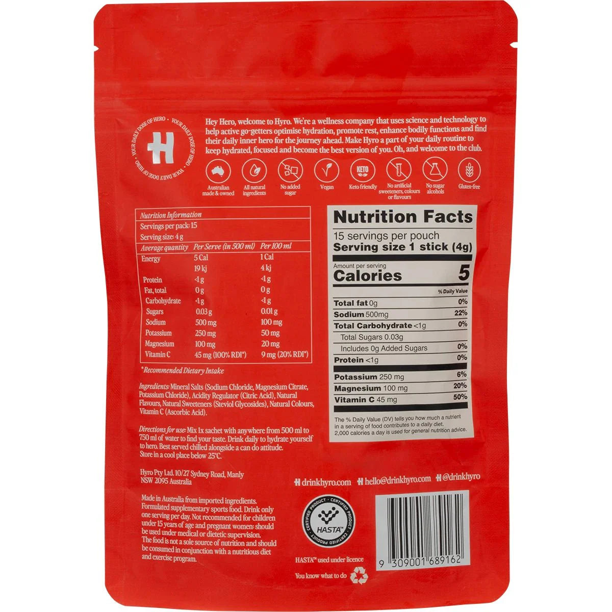 Back view of Hyro's Variety Pack Electrolyte Drink Mix - 15 Ct packaging showing nutrition facts, ingredients, and keto-friendly, low carb hydration details.