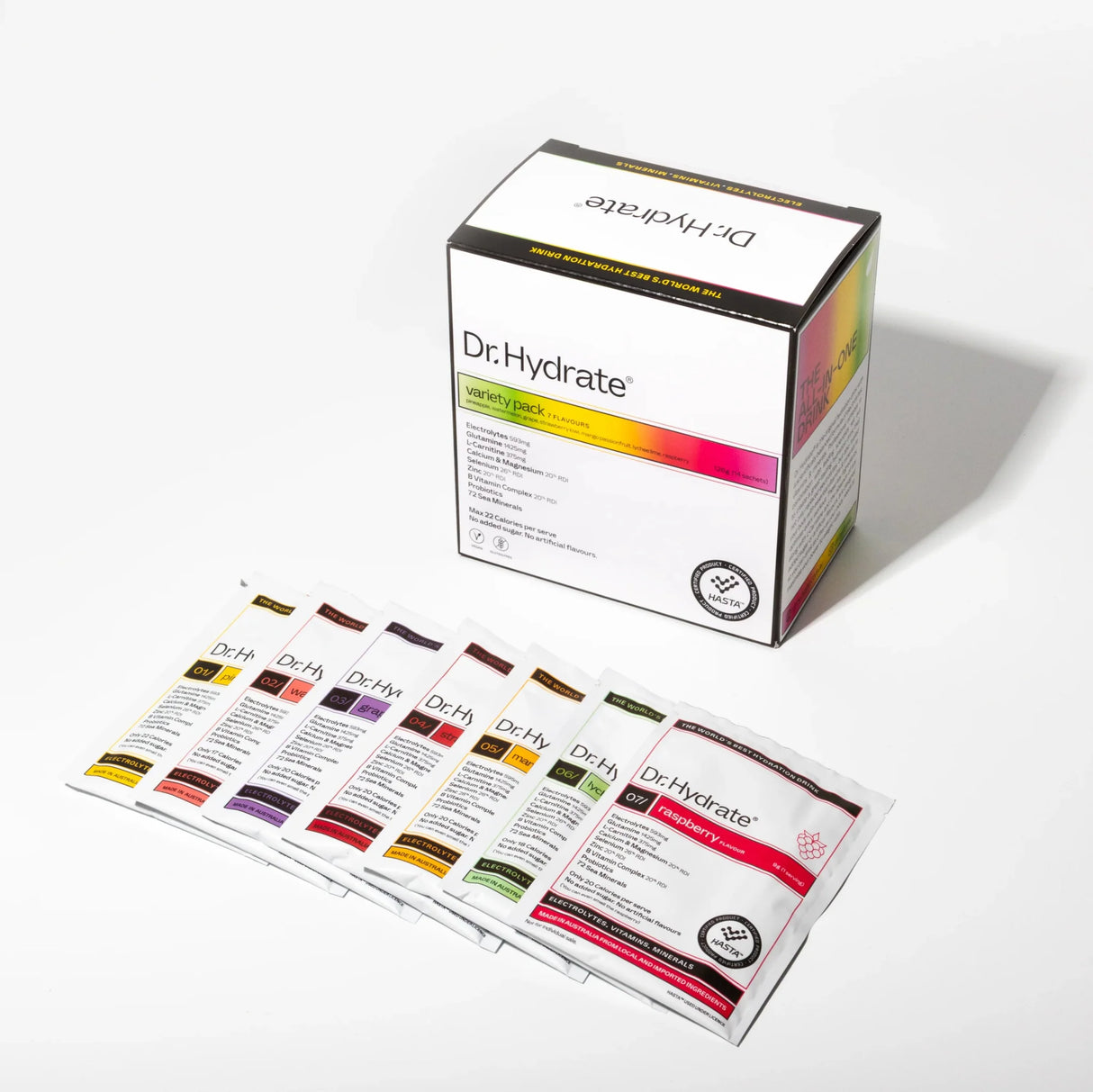 Dr. Hydrate Variety Sachet Pack - 14 Serves with assorted hydration electrolyte sachets and branded box on white background