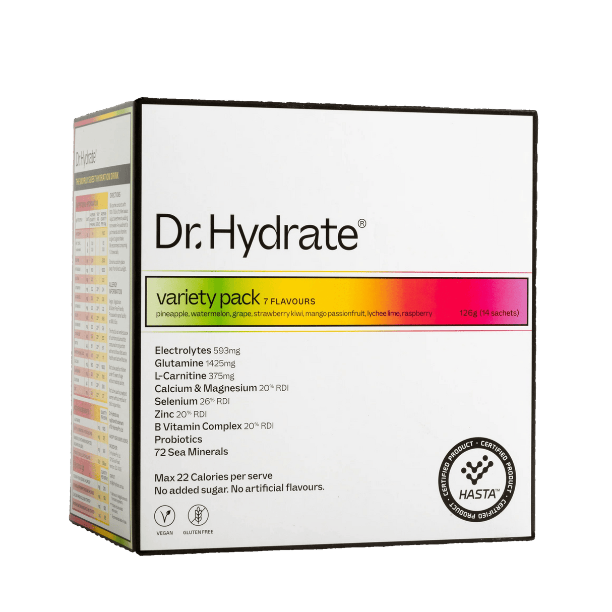 Packaging of Variety Sachet Pack - 14 Serves by Dr. Hydrate showing ingredients and nutritional highlights on a white box