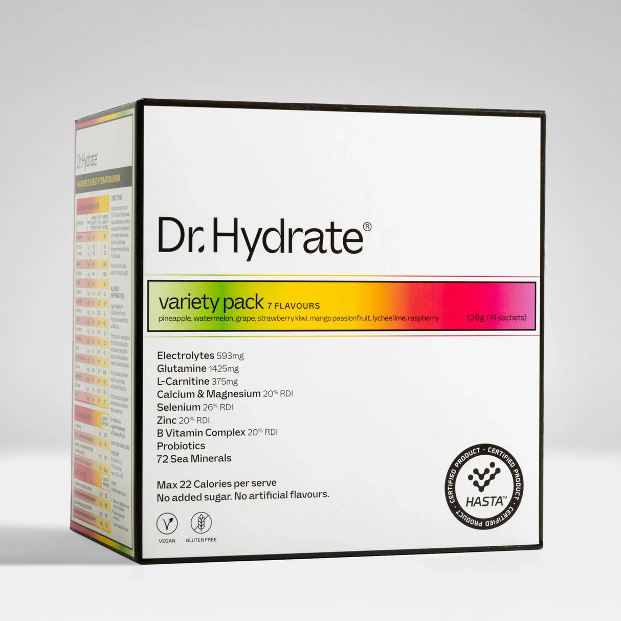 Dr. Hydrate Variety Sachet Pack - 14 Serves box showing nutrition details and 7 flavour options for electrolyte drinks.