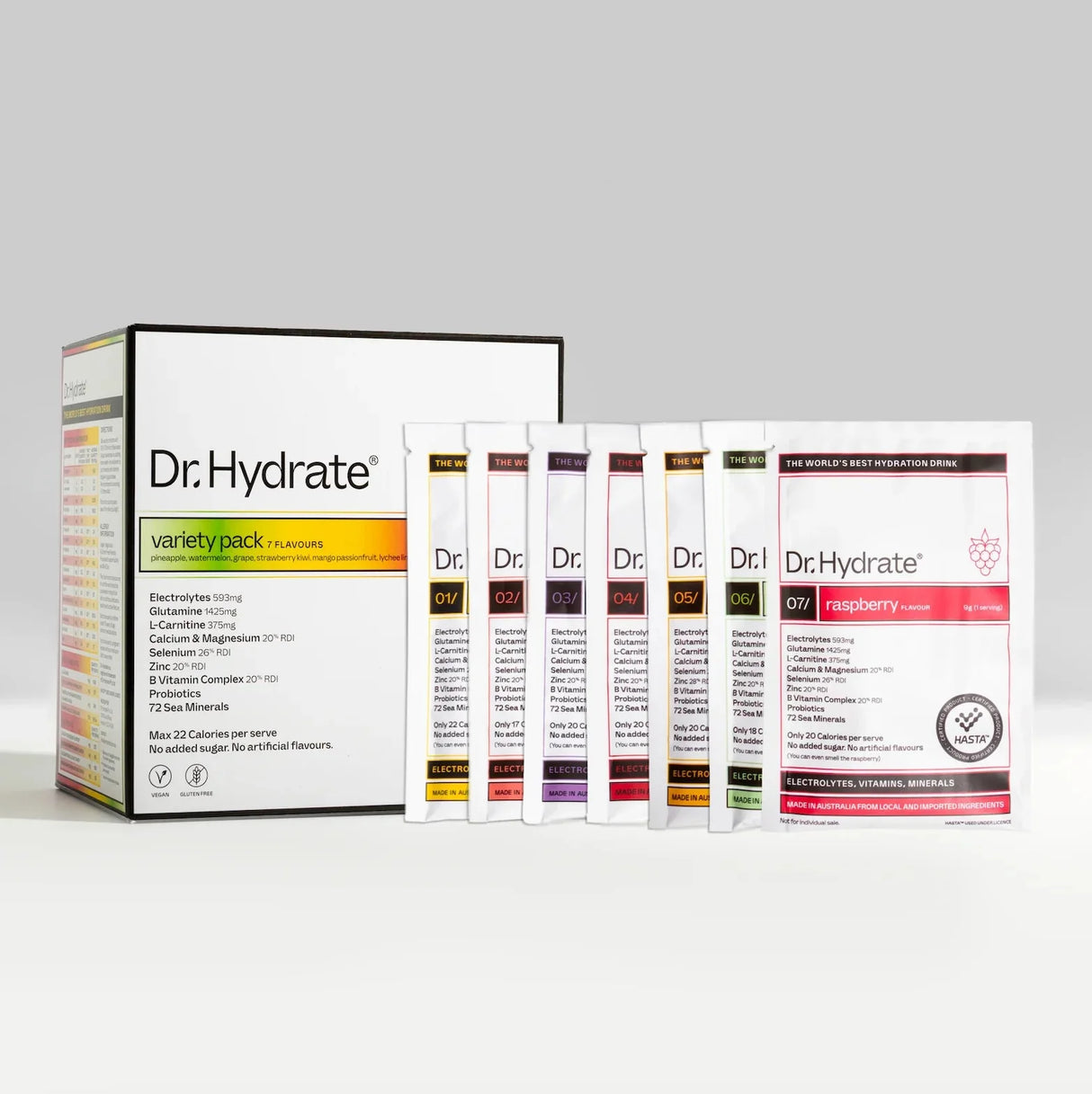 Variety Sachet Pack - 14 Serves by Dr. Hydrate displaying multiple electrolyte sachets alongside the product box