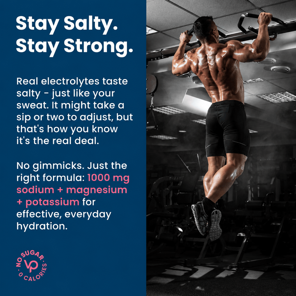 Athlete performing pull-ups in a gym beside text emphasizing Venture Pal - Single Stick with real electrolytes including sodium, magnesium, and potassium for effective hydration.