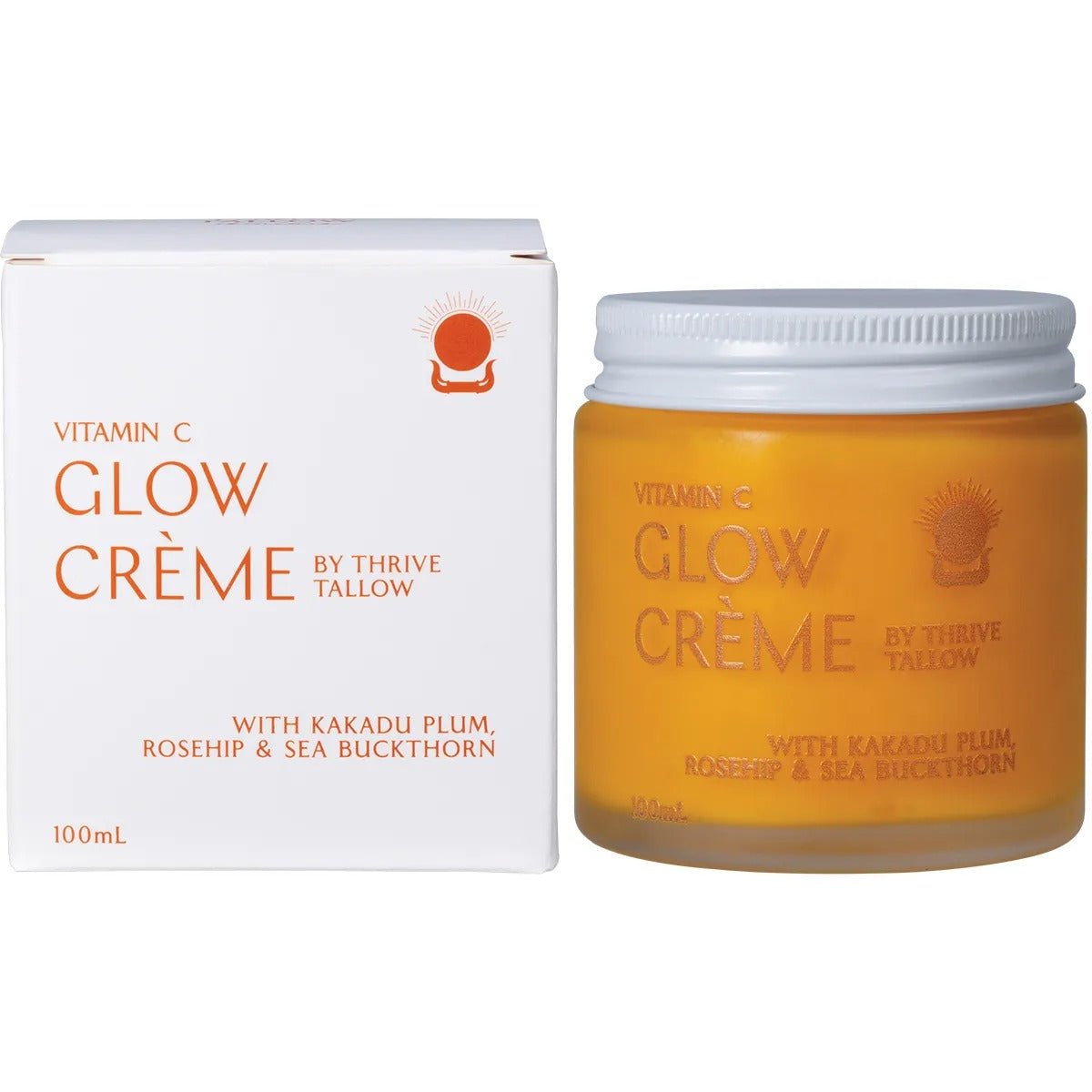 Vitamin C Glow Creme - 100ml by Thrive Tallow with Kakadu plum, rosehip, and sea buckthorn in orange jar and white box