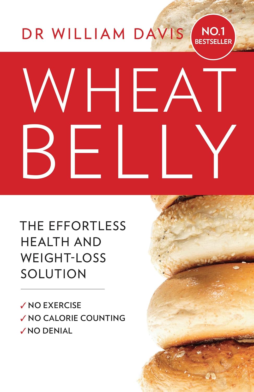 Wheat Belly book cover by Dr. William Davis showing bread stack, promoting easy health and weight-loss solution.