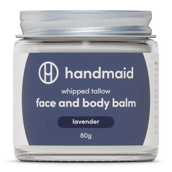 Whipped Tallow - Face And Body Balm - Lavender - 80g by Handmaid in a clear jar with navy and white label design