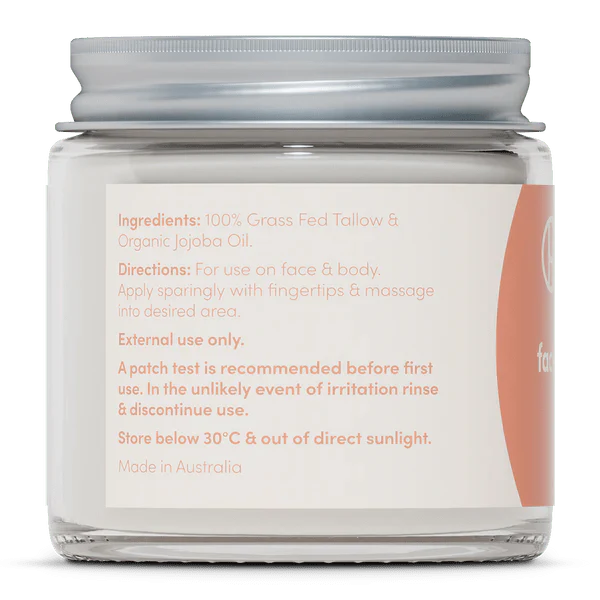 Back label of Whipped Tallow - Face And Body Balm - Natural - 80g with ingredients and usage instructions by Handmaid.