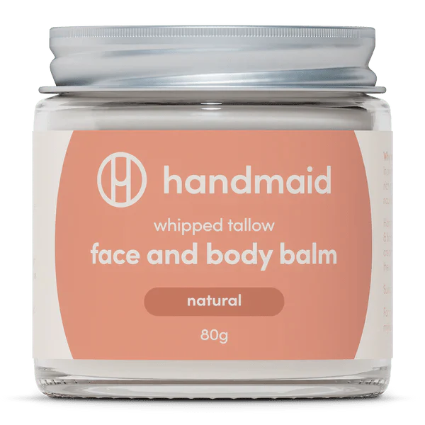 Whipped Tallow - Face And Body Balm - Natural - 80g by Handmaid in clear jar with peach label and silver lid