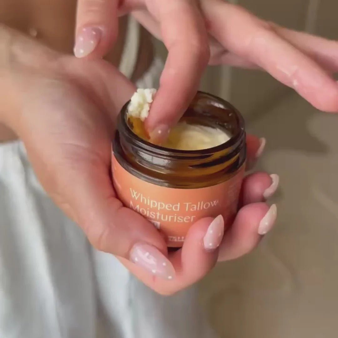 Whipped Tallow Moisturiser - Scented Blend - 70ml in amber jar with creamy texture and hand dipping finger by Thrive Tallow