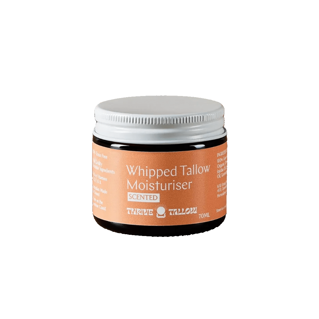 Whipped Tallow Moisturiser - Scented Blend - 70ml by Thrive Tallow in amber jar with white lid for skincare use