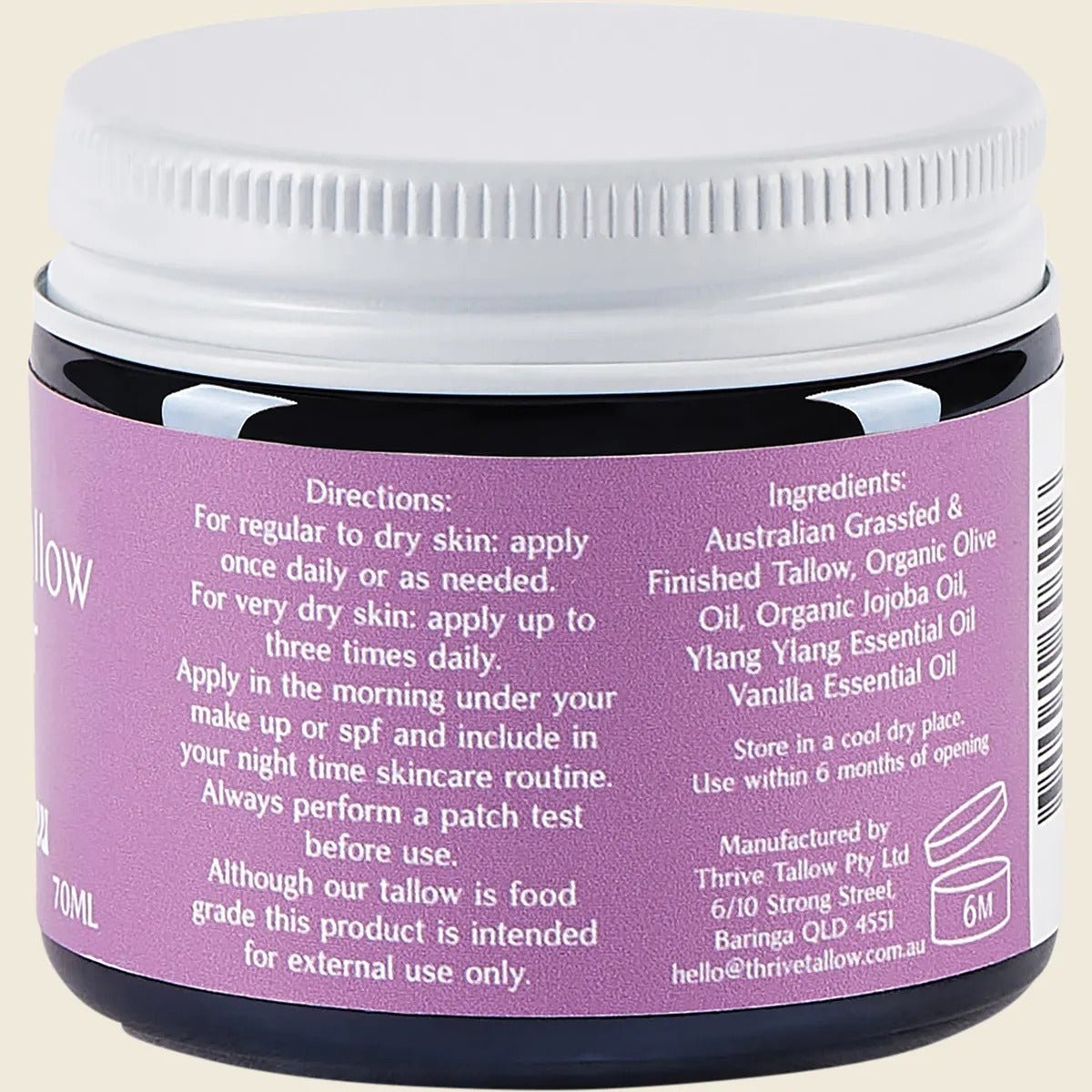 Whipped Tallow Moisturiser - Ylang Ylang & Vanilla - 70ml jar with usage directions and ingredients by Thrive Tallow.