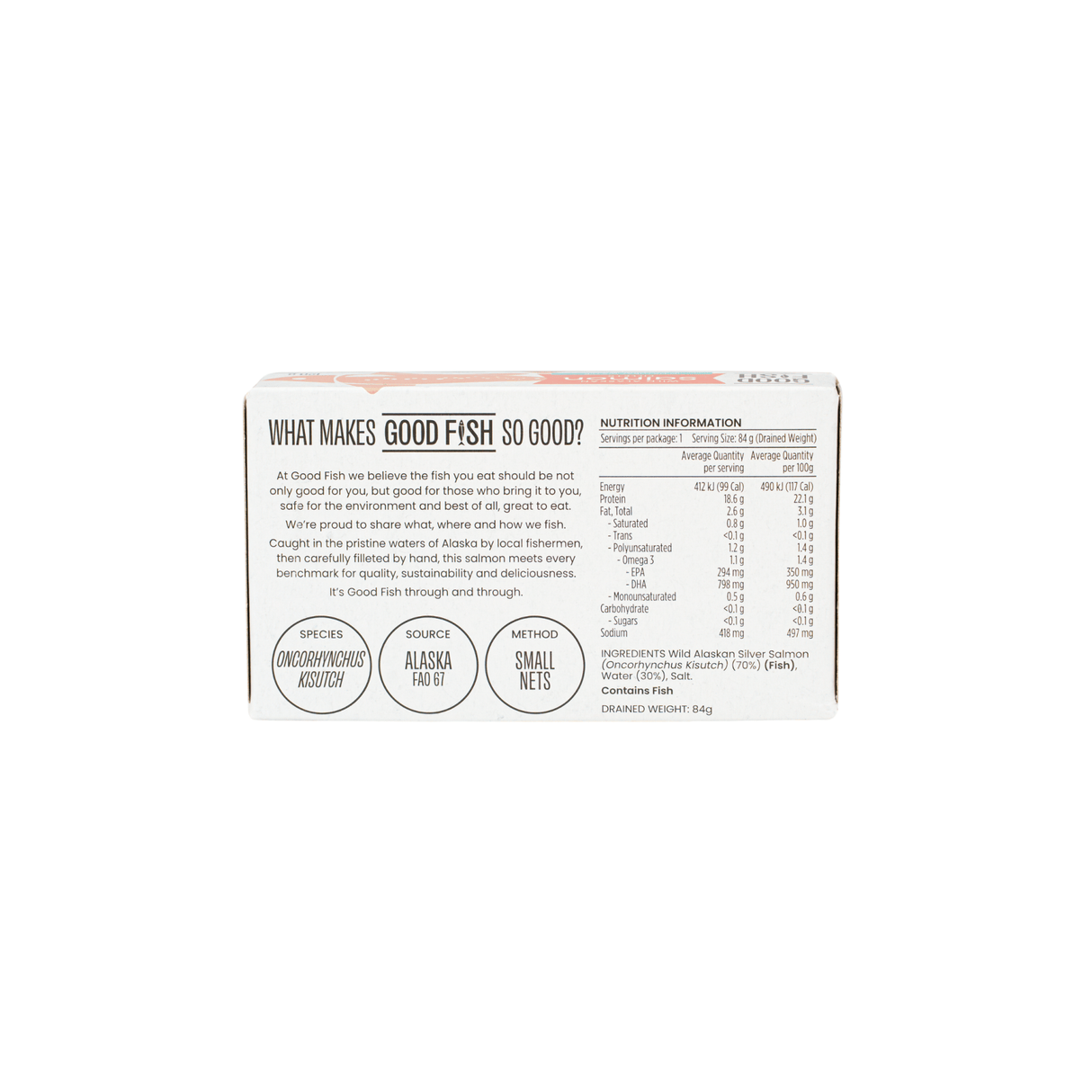 Back of Wild Alaskan Salmon Fillets in Natural Water - 120g Can by Good Fish showing nutrition facts and product details.