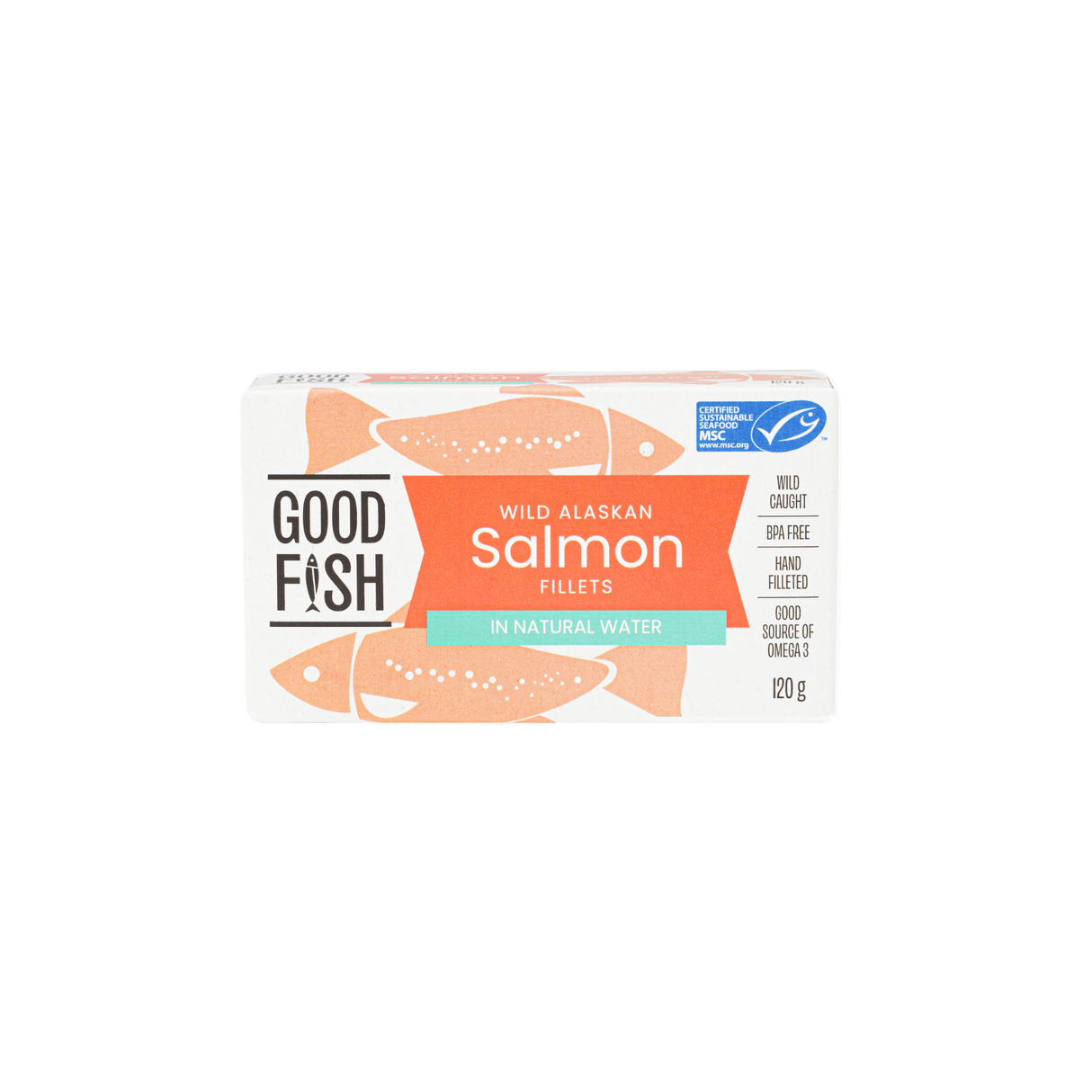 Good Fish Wild Alaskan Salmon Fillets in Natural Water - 120g Can with sustainable MSC label in Pantry and Seafood collections