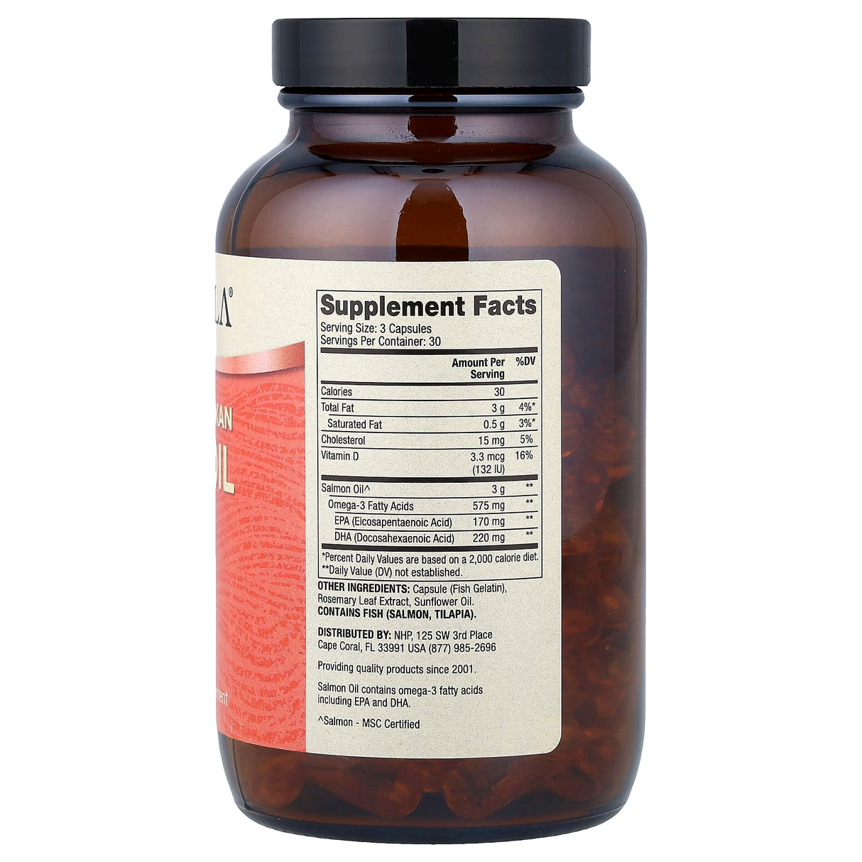 Supplement facts label on Wild Caught Alaskan Salmon Oil - 90 Capsules bottle by Dr. Mercola showing ingredients.