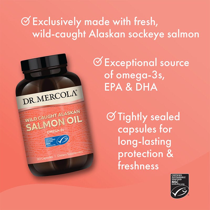 Wild Caught Alaskan Salmon Oil - 90 Capsules by Dr. Mercola with omega-3s, EPA, DHA in sealed capsules