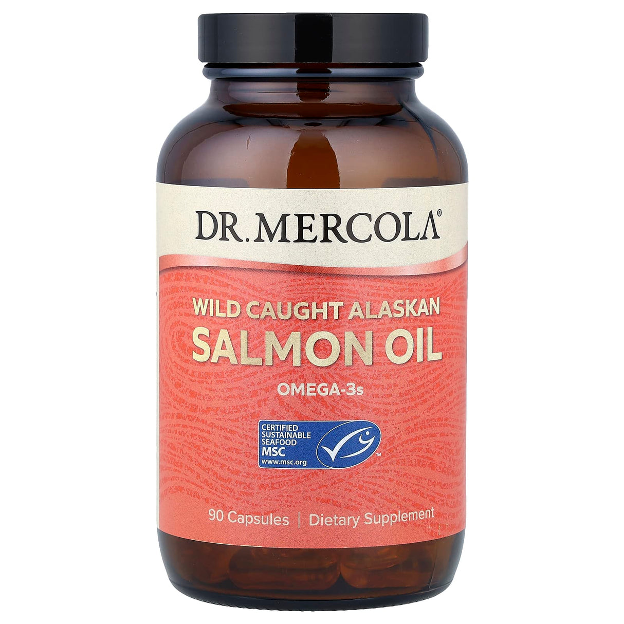 Wild Caught Alaskan Salmon Oil - 90 Capsules by Dr. Mercola with omega-3s and MSC certification in amber bottle