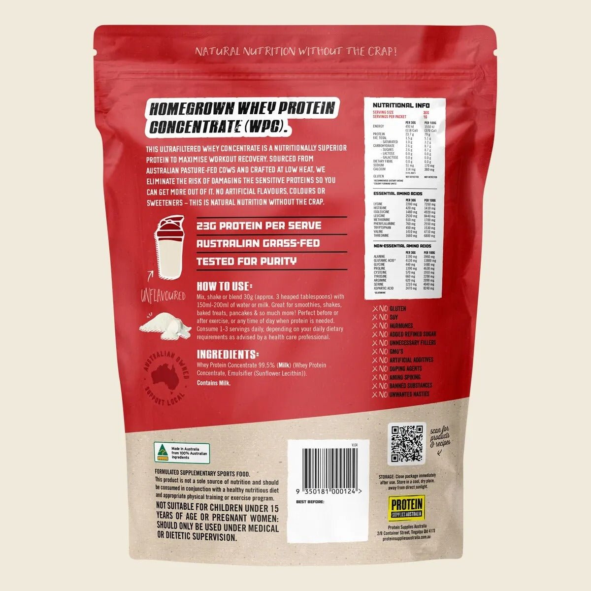 WPC - Pure - 500g Australian grass-fed whey protein concentrate by Protein Supplies Australia, nutritional info shown.