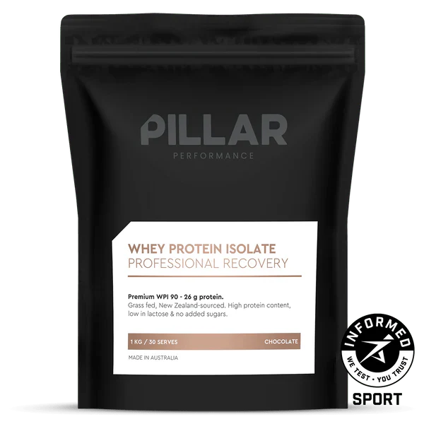 WPI - Chocolate - 1kg by PILLAR PERFORMANCE in black packaging with protein content and recovery details visible