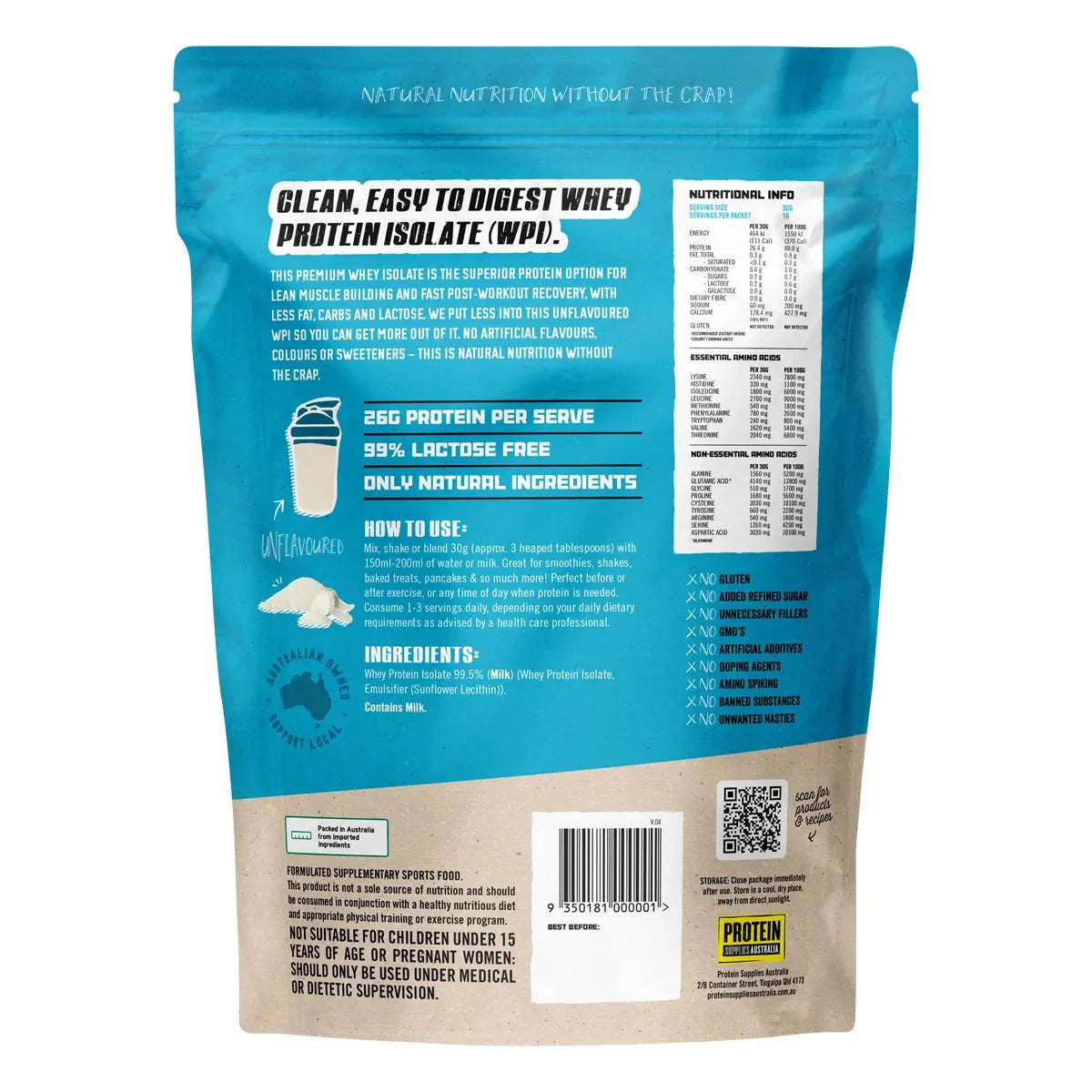 Back of WPI - Unflavoured - 500g pouch by Protein Supplies Australia showing nutrition, ingredients, and usage info.