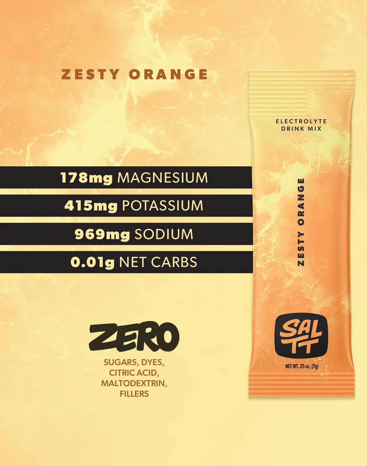Zesty Orange Electrolyte Drink Mix - 30 Sticks by SALTT with magnesium, potassium, sodium, and zero carbs or additives.