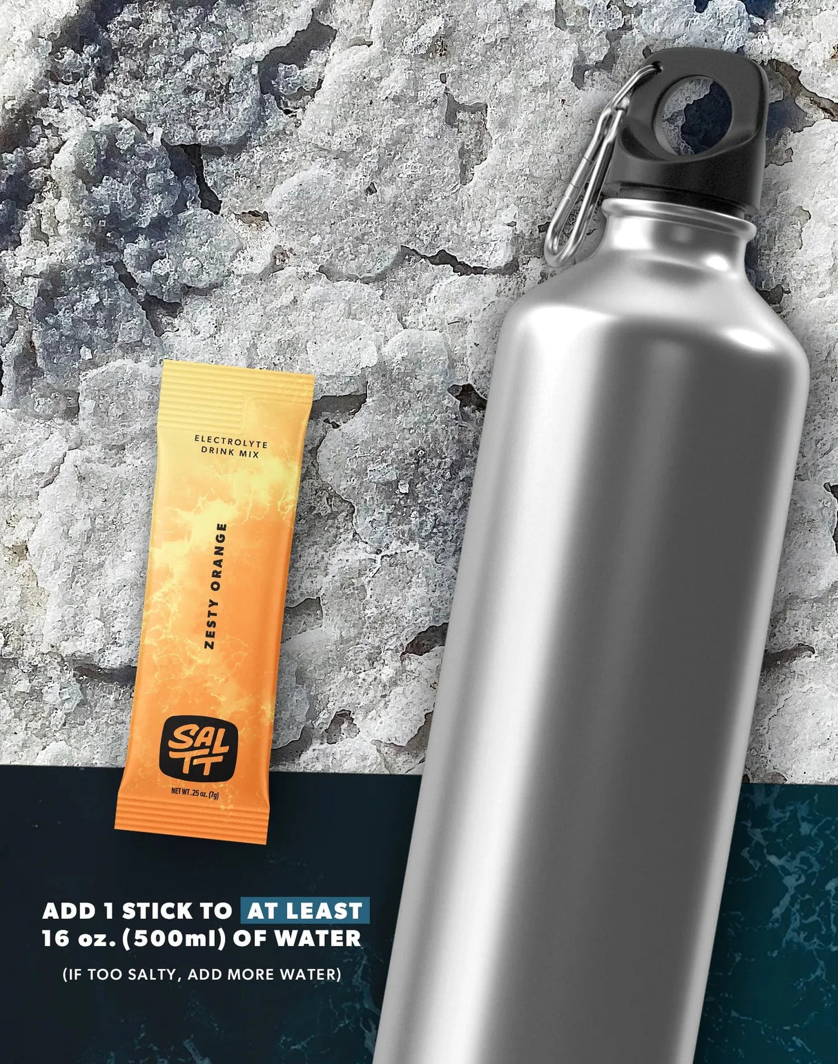 Zesty Orange Electrolyte Drink Mix - 30 Sticks by SALTT next to aluminum water bottle on textured background
