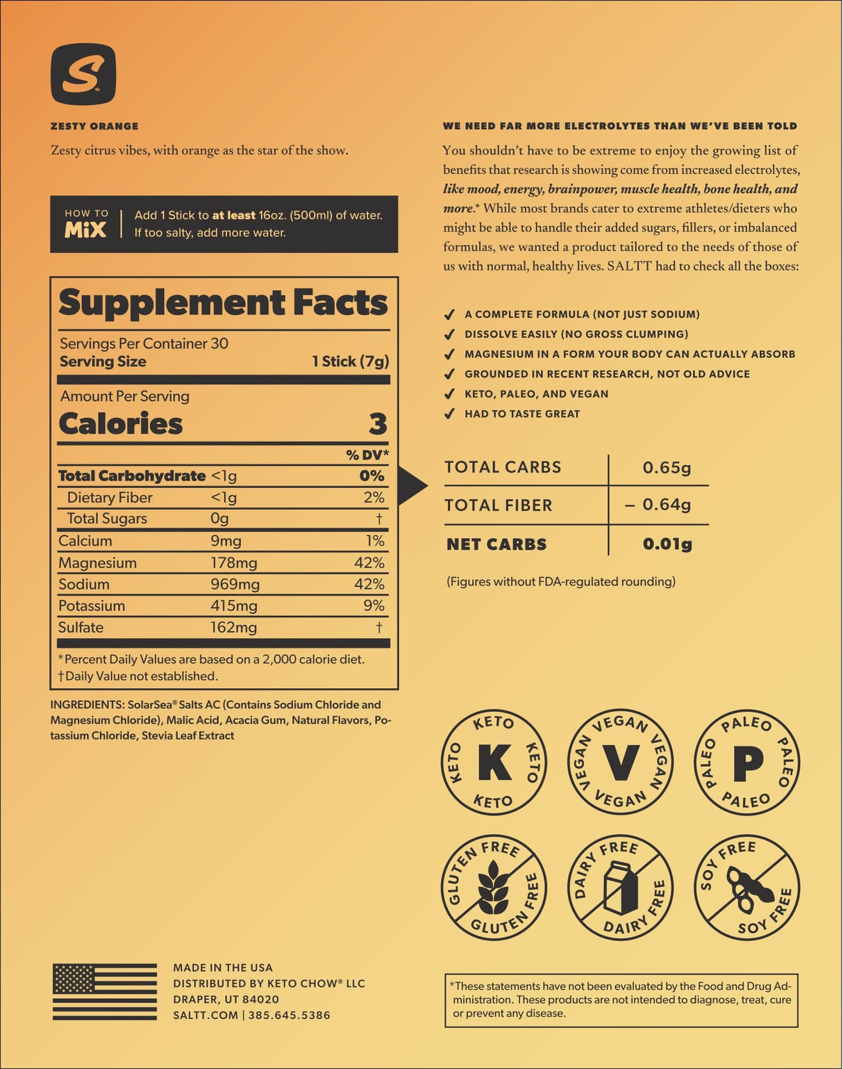 Nutrition facts label for Zesty Orange Electrolyte Drink Mix - 30 Sticks by SALTT with mineral and carb content details.