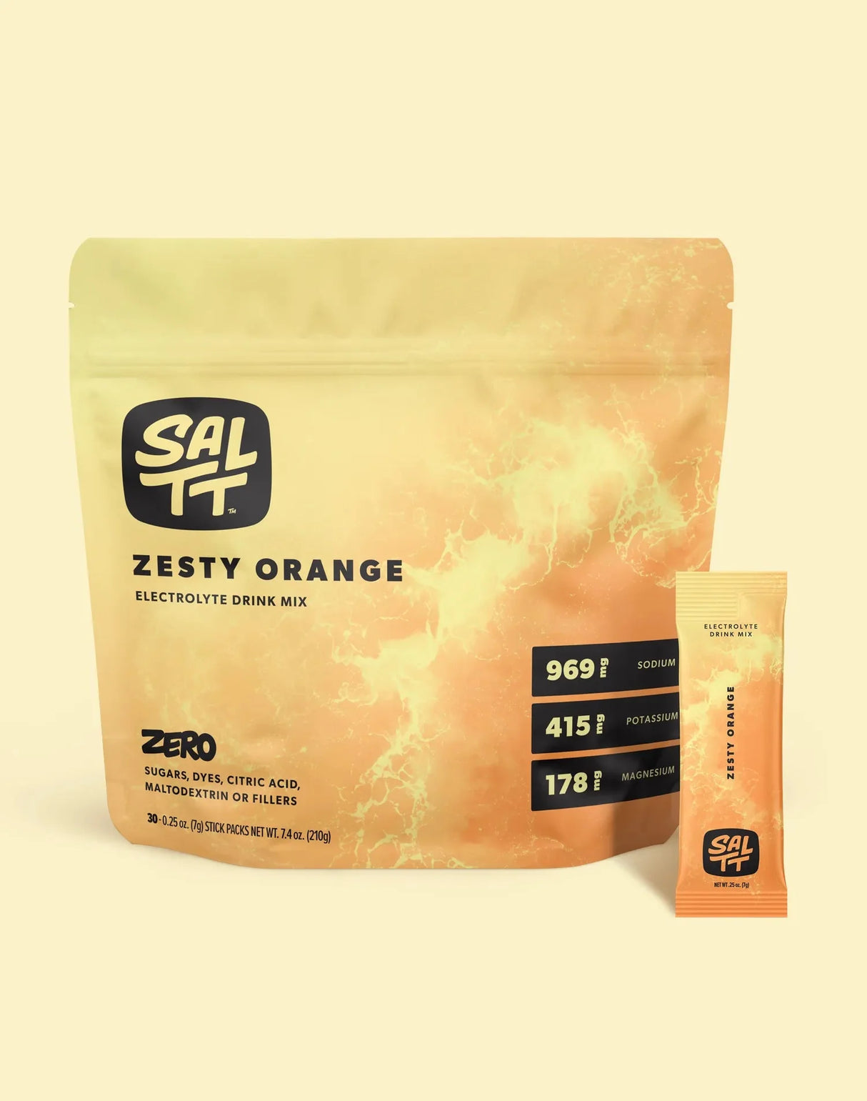 Zesty Orange Electrolyte Drink Mix - 30 Sticks by SALTT in orange packaging, featuring mineral content and zero sugars.