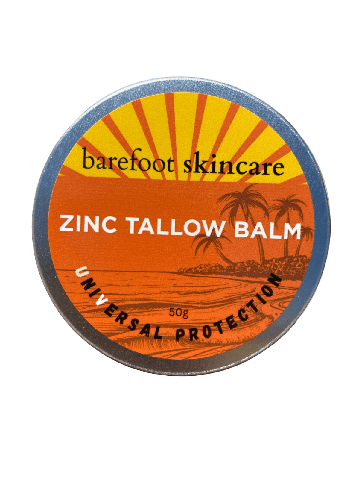 Round metal tin of Zinc Tallow Balm - 130g by Barefoot Skincare Co with orange tropical sunset label design