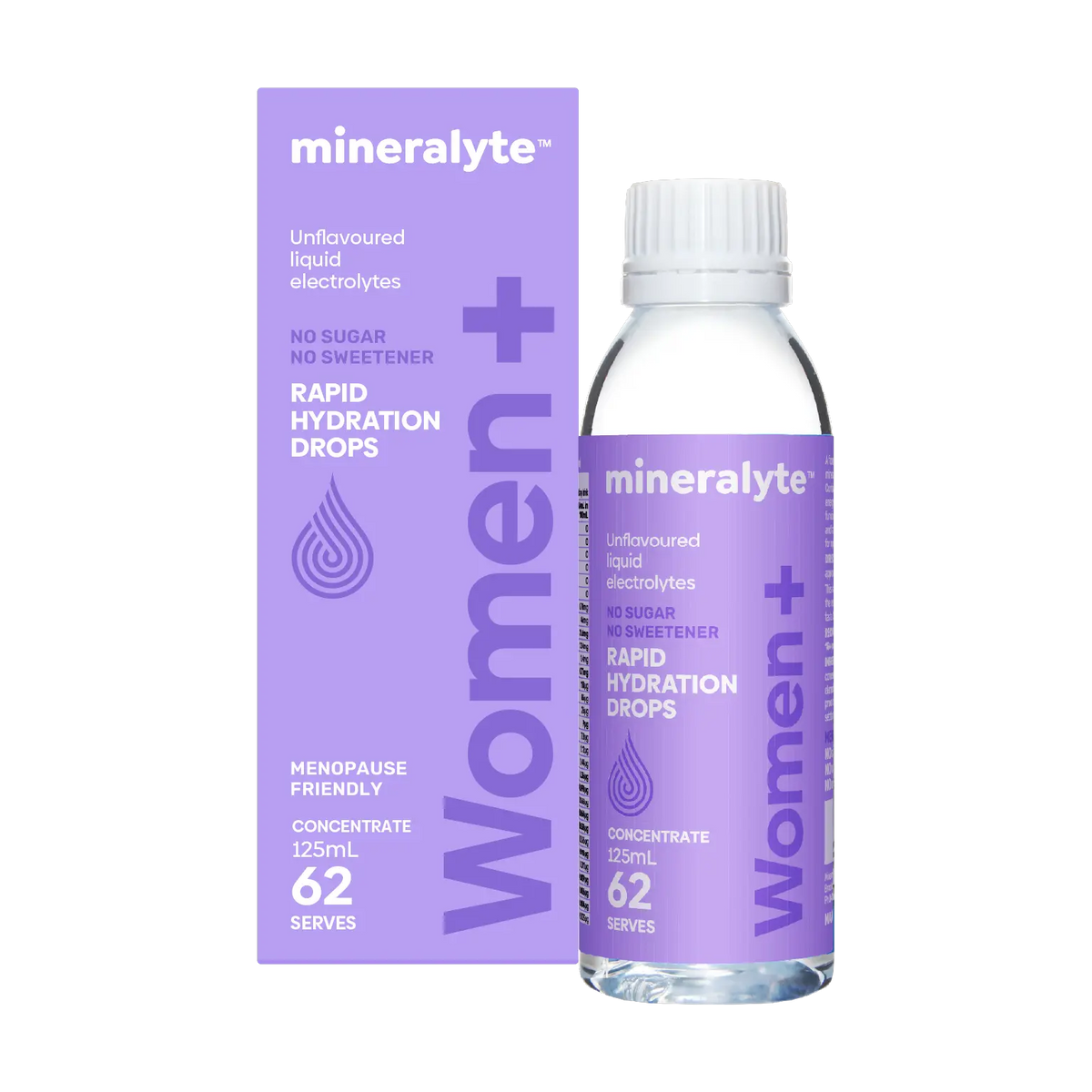 Mineralyte Women+ unflavoured liquid electrolyte drops, 125 mL bottle and box