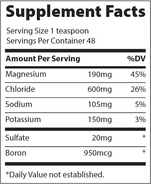 Supplement facts label for 40,000 Volts - Electrolyte Concentrate - 237ml showing magnesium, chloride, sodium, potassium, sulfate, and boron content.