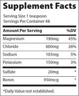 Supplement facts label for 40,000 Volts - Electrolyte Concentrate - 237ml showing magnesium, chloride, sodium, potassium, sulfate, and boron content.