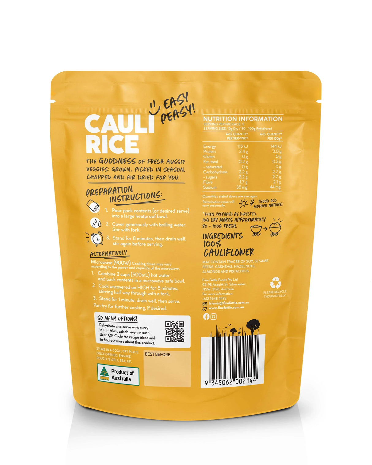 Back of Fine Fettle Cauliflower Rice - 50g packaging showing preparation instructions and nutrition details.