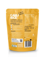 Back of Fine Fettle Cauliflower Rice - 50g packaging showing preparation instructions and nutrition details.