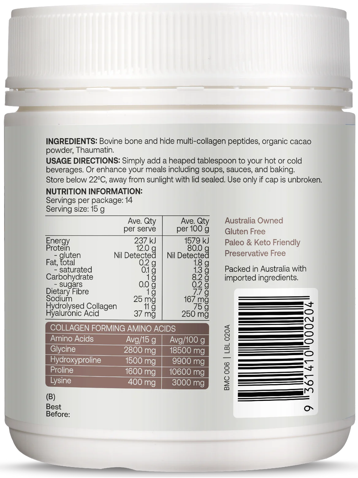 Multi-Collagen Protein Peptides - Raw Organic Cacao - 210g