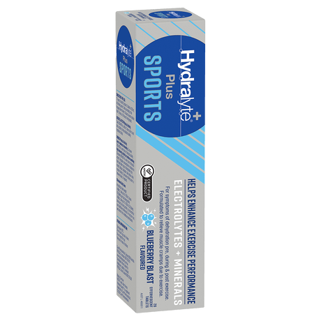 Hydralyte Plus Sports Blueberry Blast effervescent electrolyte tablets, box of 20 tablets