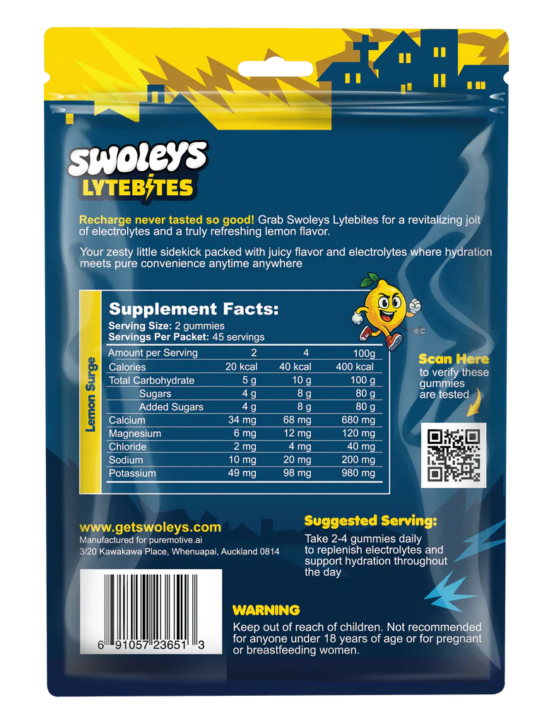 Swoleys LyteBites - Electrolyte Gummies - Lemon Surge pack in electrolytes for hydration with a refreshing tangy lemon flavor.