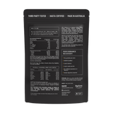 Back of the Switch Nutrition Whey Protein Isolate Perform Vanilla 750 g pouch with directions, nutrition information and ingredients