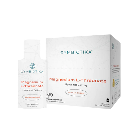 CYMBIOTIKA Magnesium L-Threonate - 30 Pouches in vanilla cream flavor with liposomal delivery dietary supplement packaging