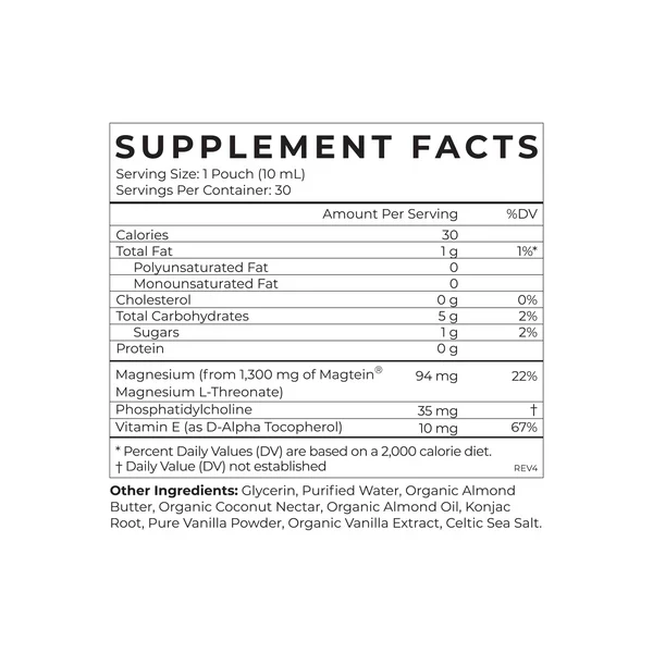 Supplement facts label for Magnesium L-Threonate - 30 Pouches by CYMBIOTIKA showing nutrition and ingredients.