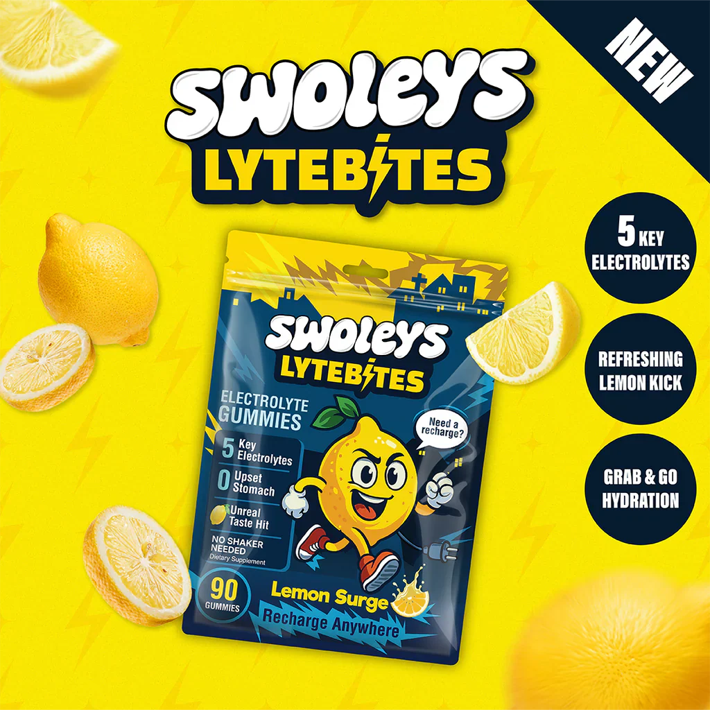 Swoleys LyteBites - Electrolyte Gummies - Lemon Surge pack with 5 key electrolytes and refreshing lemon flavor on yellow background