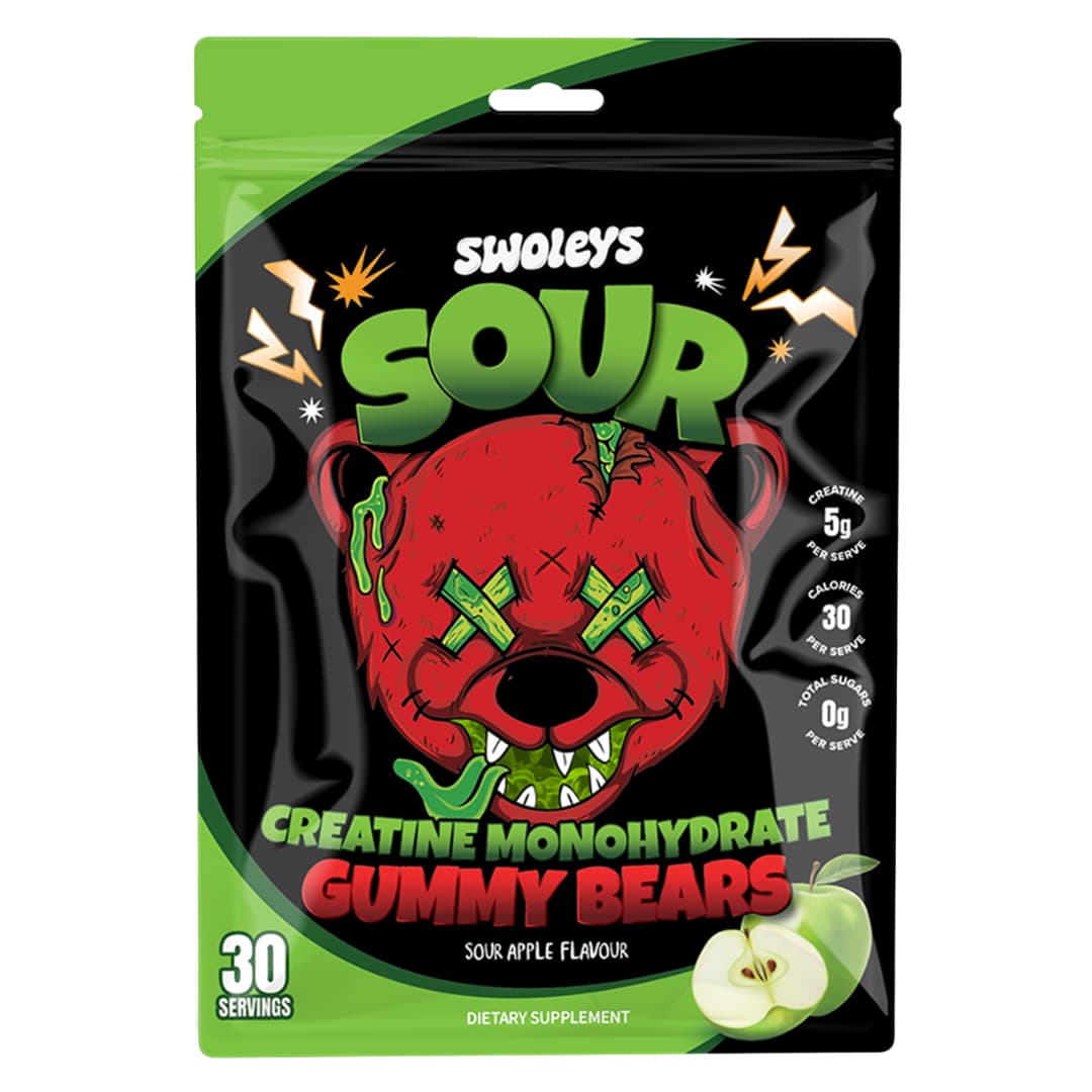 Swoleys Creatine Gummy Bears - Sour Apple flavor, low carb creatine monohydrate supplement with 30 calories per serve