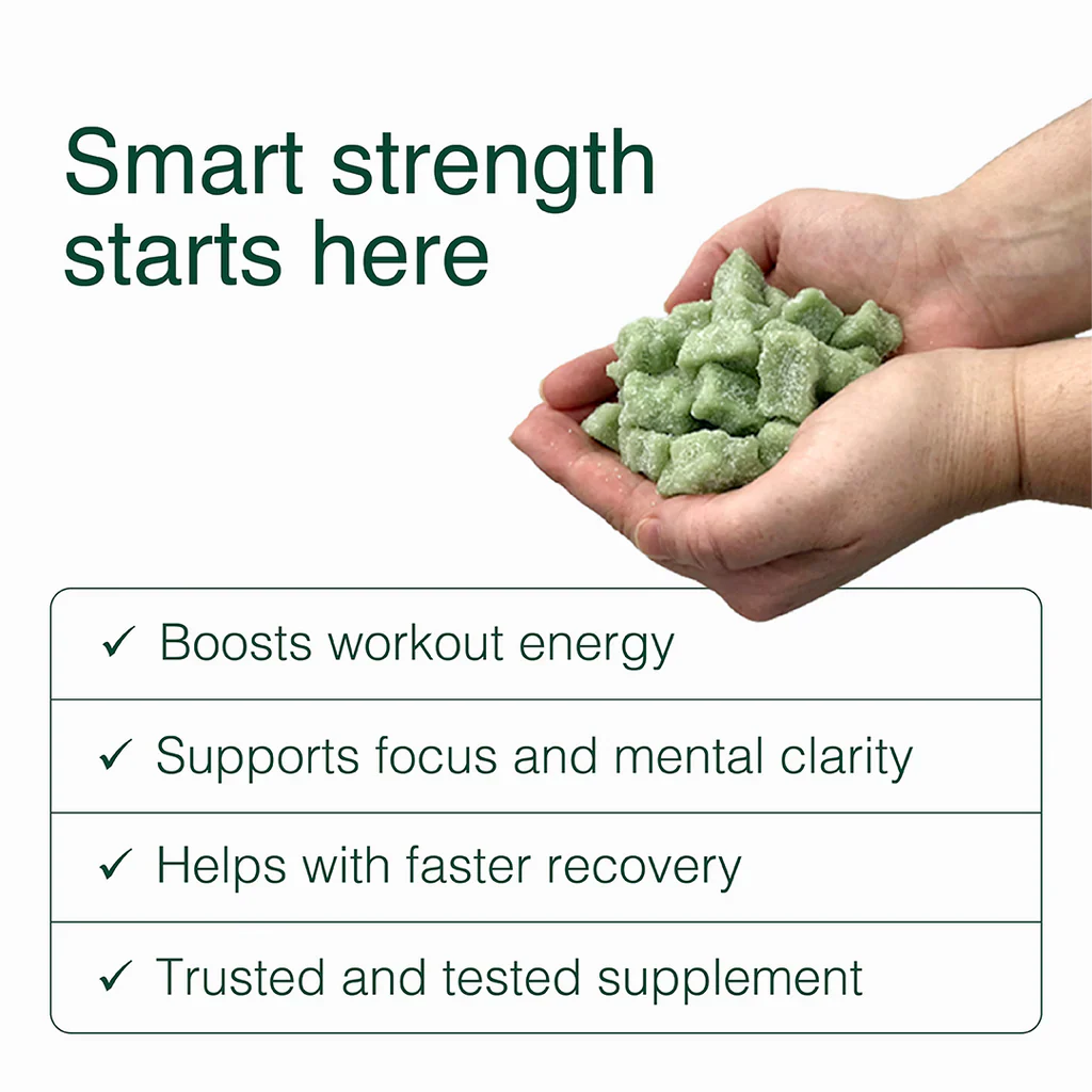 Hands holding Swoleys Creatine Gummy Bears - Sour Apple with benefits for strength, focus, recovery, and energy boost.