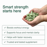 Hands holding Swoleys Creatine Gummy Bears - Sour Apple with benefits for strength, focus, recovery, and energy boost.