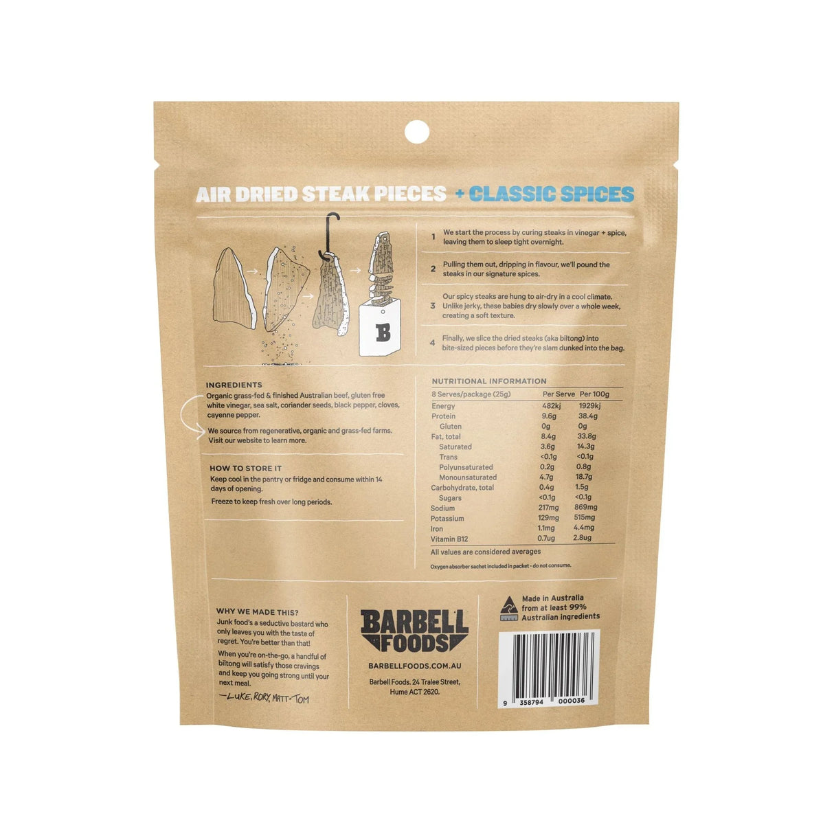 Back of Air Dried Steak - Classic - 200g by Barbell Foods with ingredient list, nutrition facts, and storage instructions.