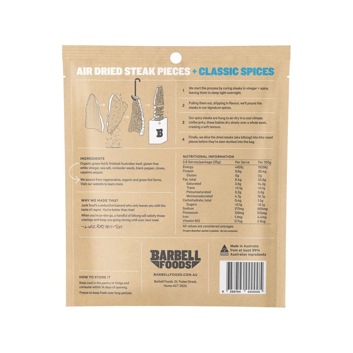 Back packaging of Air Dried Steak - Variety Pack - 70g x 3 by Barbell Foods showing nutrition, ingredients, and usage details