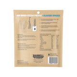 Back packaging of Air Dried Steak - Variety Pack - 70g x 3 by Barbell Foods showing nutrition, ingredients, and usage details