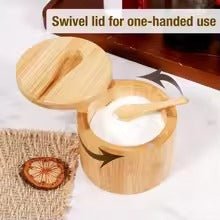 Bamboo Salt Box by Salt Cellar open with spoon, wooden swivel lid, part of Salt & Spice and Salt Accessories collections.