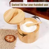 Bamboo Salt Box by Salt Cellar open with spoon, wooden swivel lid, part of Salt & Spice and Salt Accessories collections.