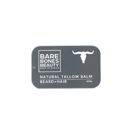 Bare Bones Beauty Beard Tallow Balm - 40ml in a black tin, natural beard and hair balm for men’s grooming.