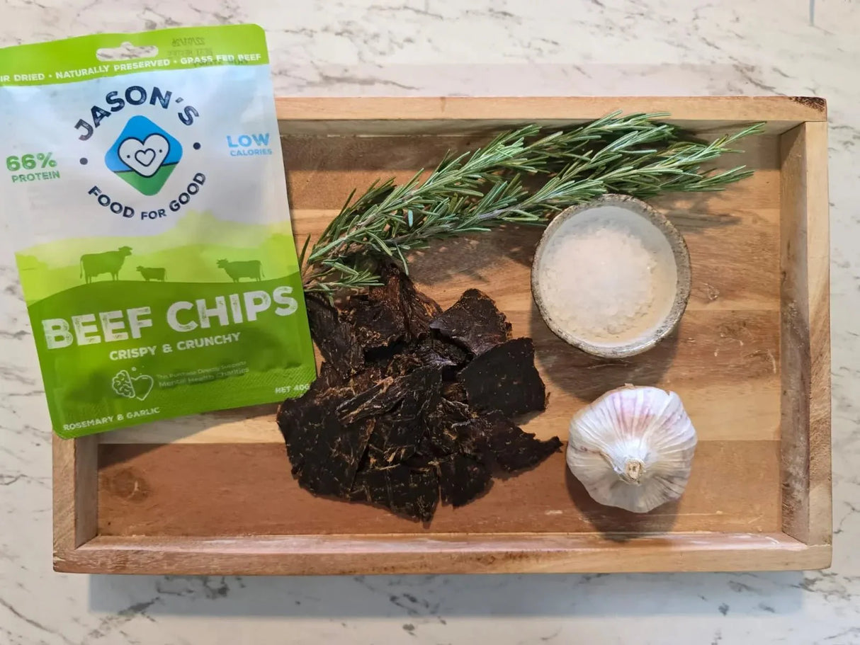 Beef Chips - Rosemary & Garlic - 40g - Best Before 17 Apr 2026 by Jason's Food For Good in Savoury Snacks and Keto Jerky collections