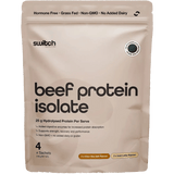 Beige package of beef protein isolate with Switch branding on a white background